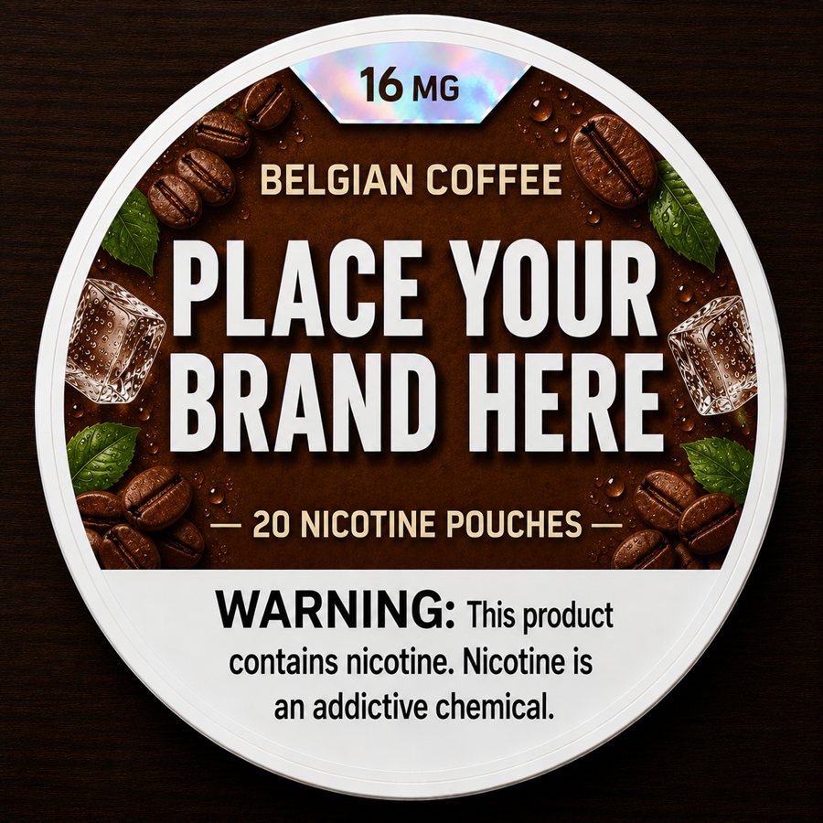Belgian Coffee white label nicotine pouch can — your brand here