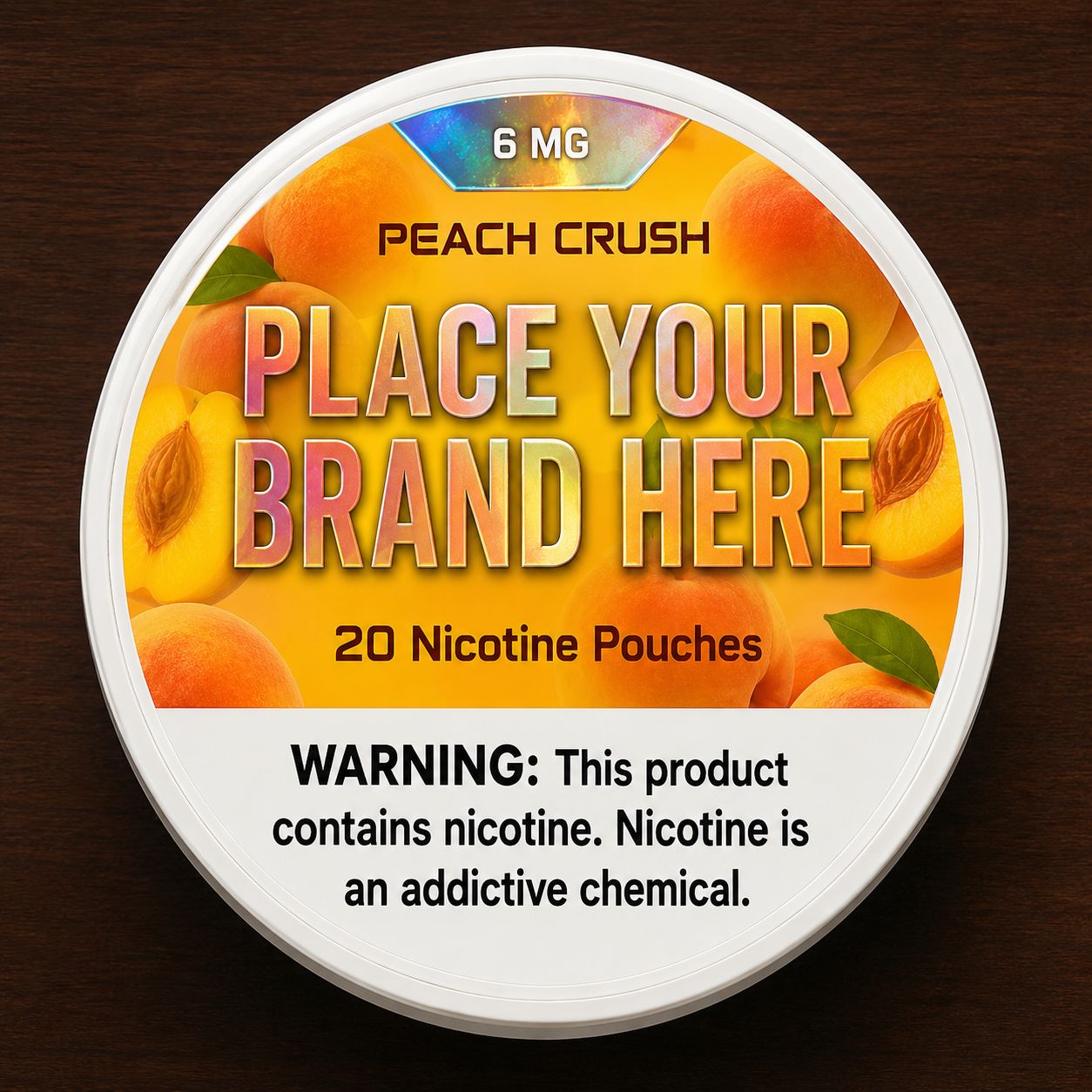 Peach Crush white label nicotine pouch can — your brand here
