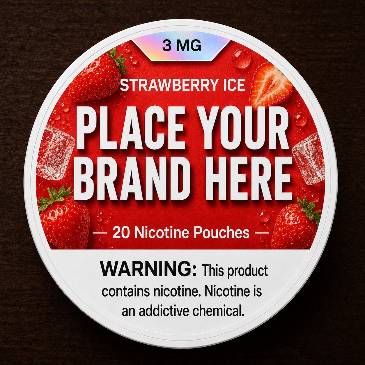 Strawberry Ice white label nicotine pouch can — your brand here